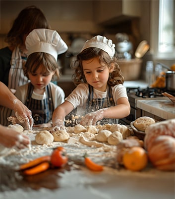Atelier de p&acirc;tisserie pour enfants dans le Loiret, cr&eacute;ant des g&acirc;teaux et macarons sous l'&oelig;il d'un chef p&acirc;tissier.