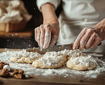 Pâtissier professionnel dans un atelier de pâtisserie à Chaingy près d'Orléans créant une recette de pâtisserie.